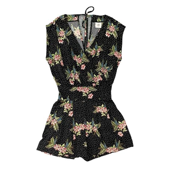 CAbi Floral Runaround Romper Womens XS Black Dotted Faux Wrap Shirred Tie Back - Picture 1 of 16